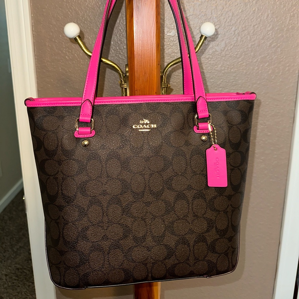 BNWT Coach Top Zip Tote brown and bright fuchsia MSRP $295